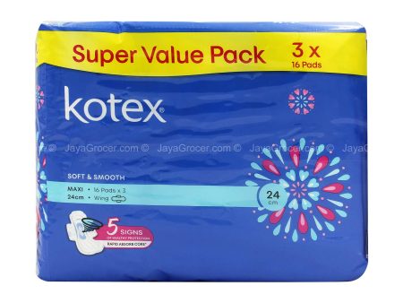 Kotex Soft and Smooth Maxi Wing Pad 24cm 16pcs x 3pcs pack For Sale